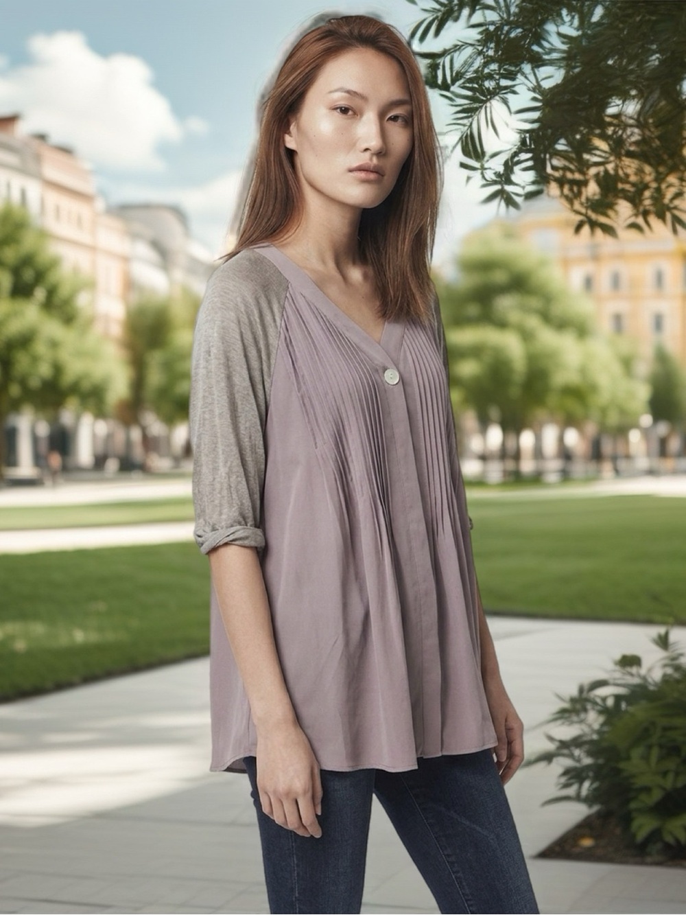 Style & Co Mixed Media Tunic V-Neck Roll Sleeve Mauve Gray Medium